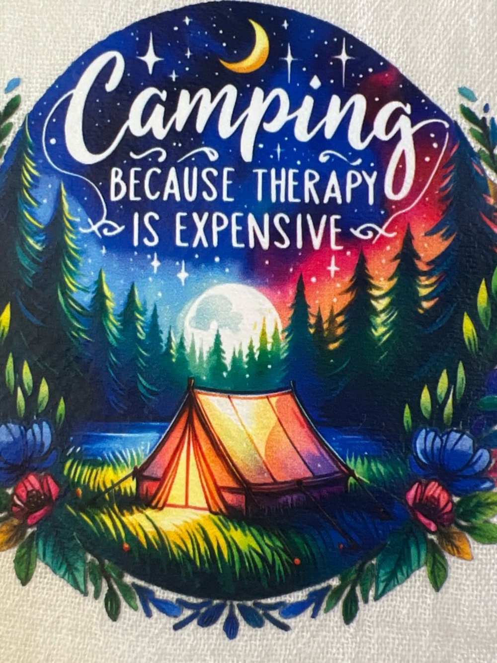 White Camping Print Kitchen Towel - "Camping Because Therapy Is Expensive"